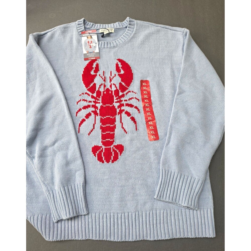 Mighty Fine Womens XL Blue Knit Crewneck Pullover Sweater Red Lobster Graphic